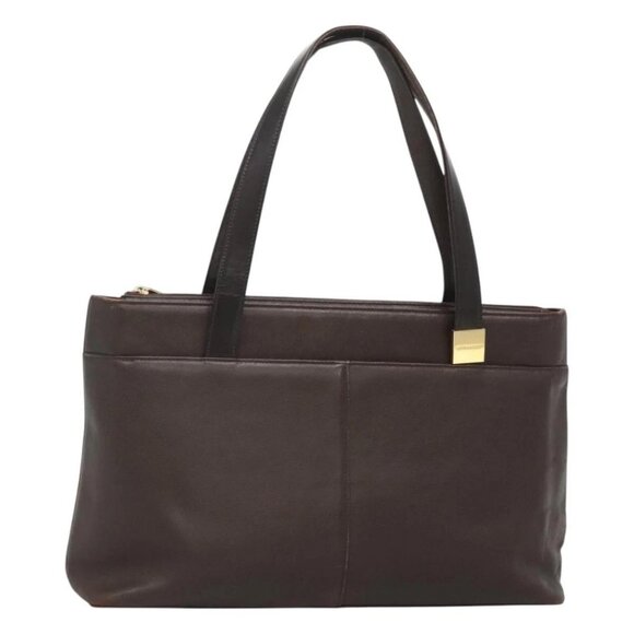 BURBERRY Tote Bag Leather Brown Gold Auth - Picture 1 of 16